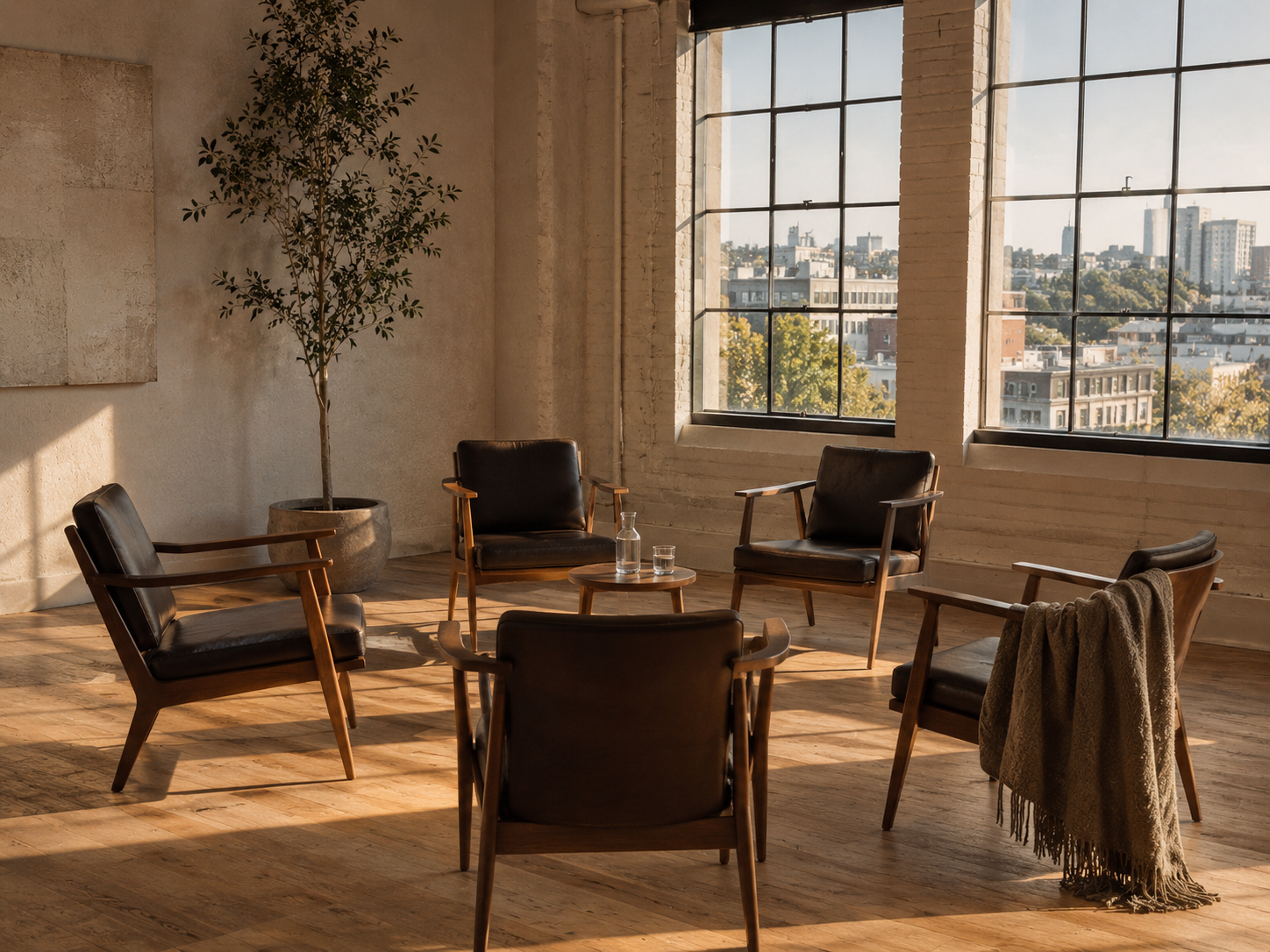 Six-person leadership cohort gathered in a sun-lit Eastern Suburbs studio, candid documentary register
