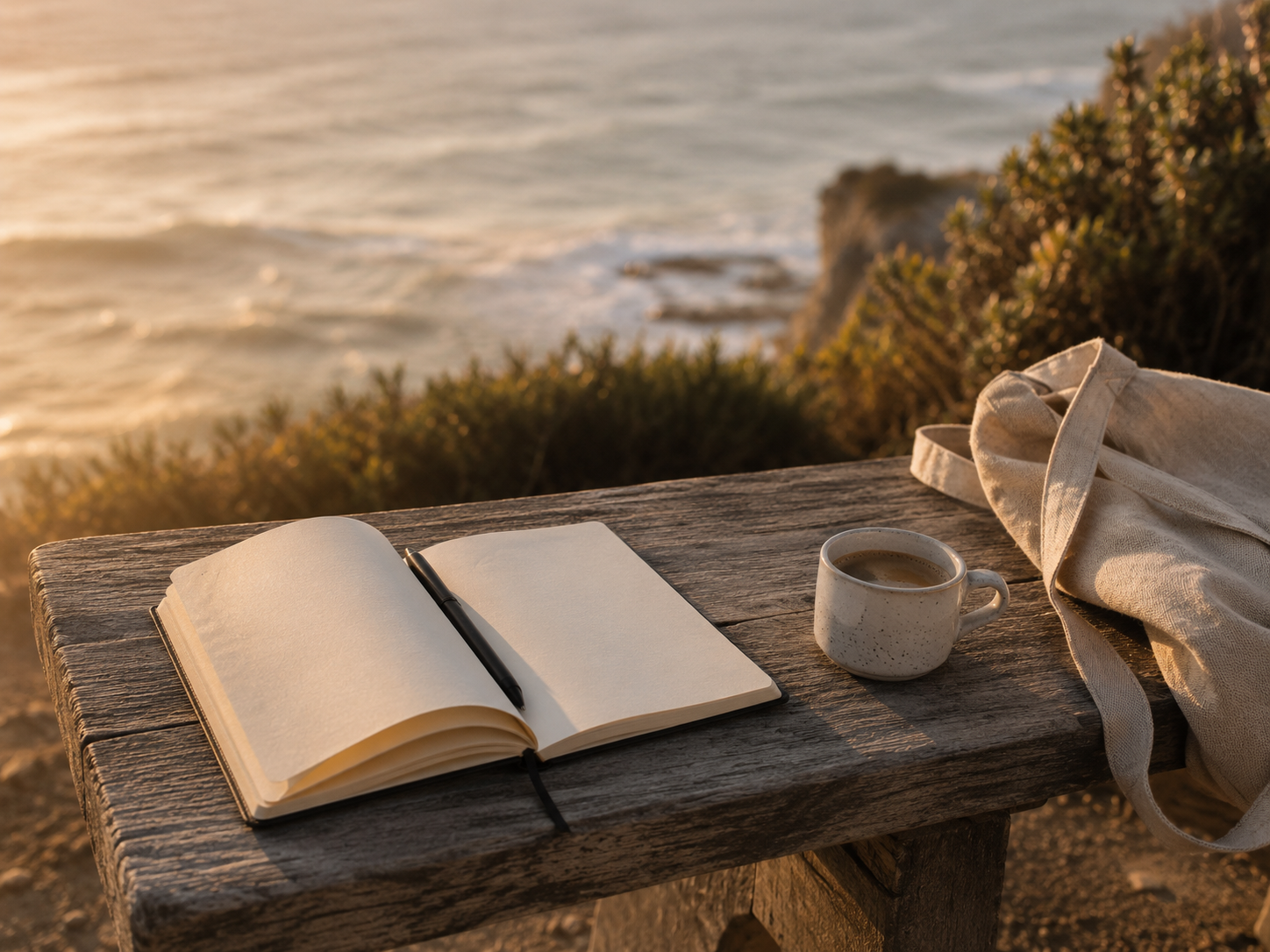 Notebook and window light with ocean view in soft background, 1-day strategic reset detail